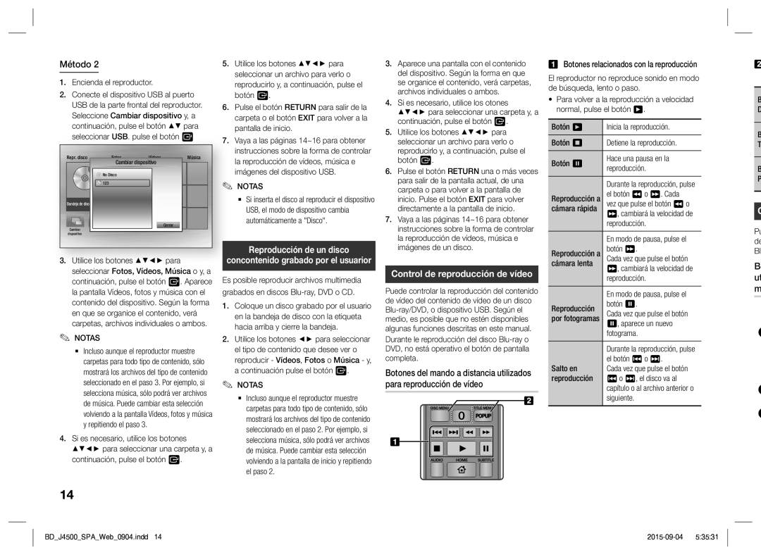 Samsung BD-J4500/ZF manual Reproducción de un disco, Botones relacionados con la reproducción 