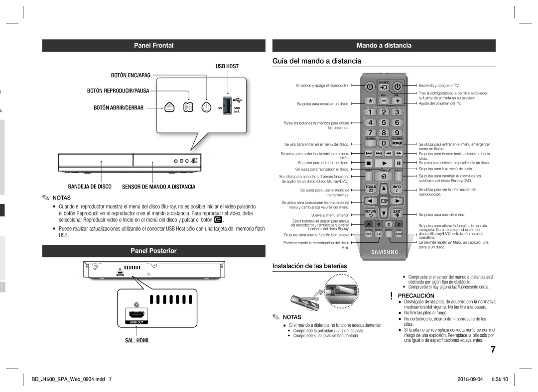 Samsung BD-J4500/ZF manual Guía del mando a distancia, Panel Frontal, Panel Posterior, Instalación de las baterías 