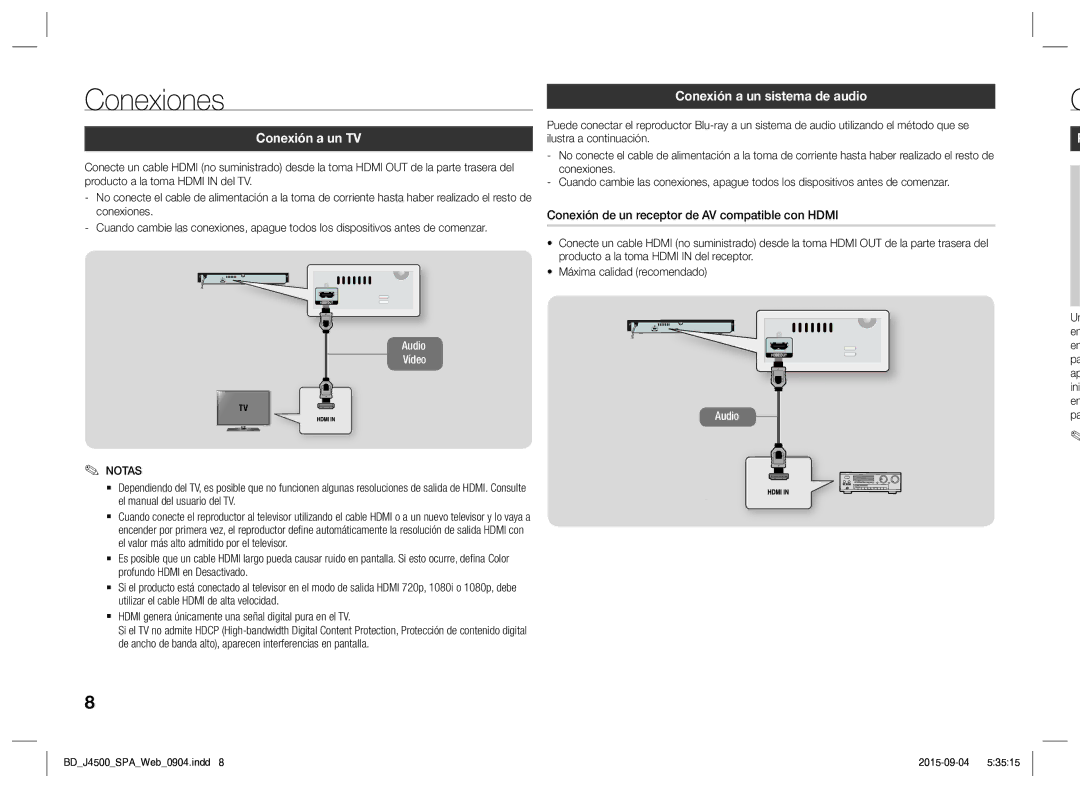 Samsung BD-J4500/ZF manual Conexiones, Conexión a un TV, Conexión a un sistema de audio 