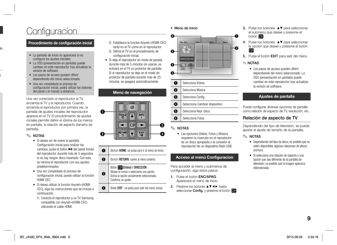 Samsung BD-J4500/ZF Relación de aspecto de TV, Menú de navegación, Acceso al menú Configuracíon, Ajustes de pantalla 