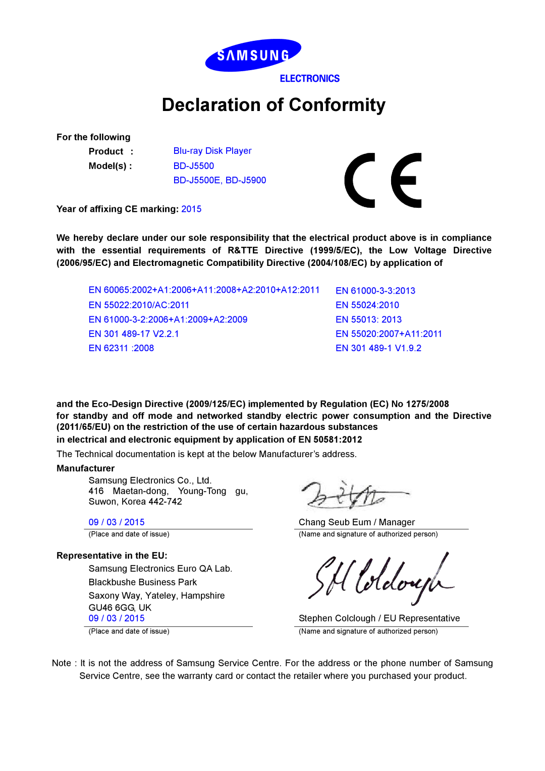 Samsung BD-J5500/EN, BD-J5500E/EN manual Declaration of Conformity, For the following Product, Models, Manufacturer 