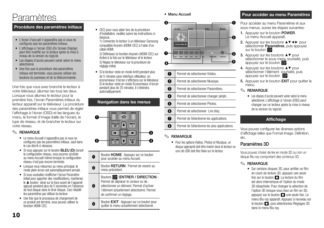 Samsung BD-J5500E/EN, BD-J5500/EN manual Paramètres 3D, Navigation dans les menus, Affichage 