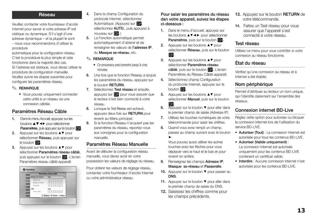 Samsung BD-J5500/EN Paramètres Réseau Câble, Paramètres Réseau Manuelle, Test réseau, État du réseau, Nom périphérique 