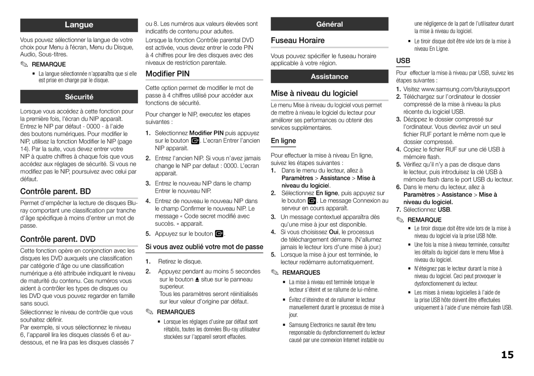 Samsung BD-J5500/EN, BD-J5500E/EN Contrôle parent. BD, Contrôle parent. DVD, Fuseau Horaire, Mise à niveau du logiciel 