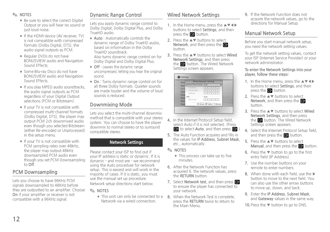 Samsung BD-J5500E/EN Dynamic Range Control, PCM Downsampling, Downmixing Mode, Manual Network Setup, Network Settings 