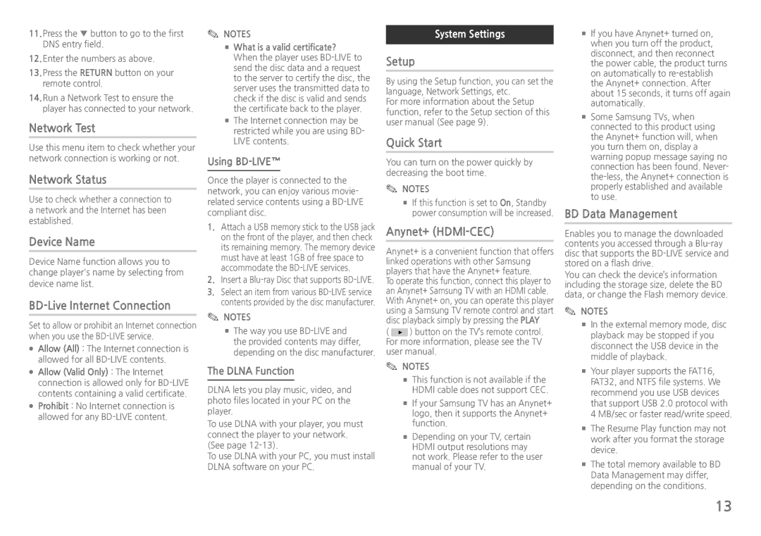 Samsung BD-J5500/EN manual Network Test, Network Status, Device Name, BD-Live Internet Connection, Setup, Quick Start 