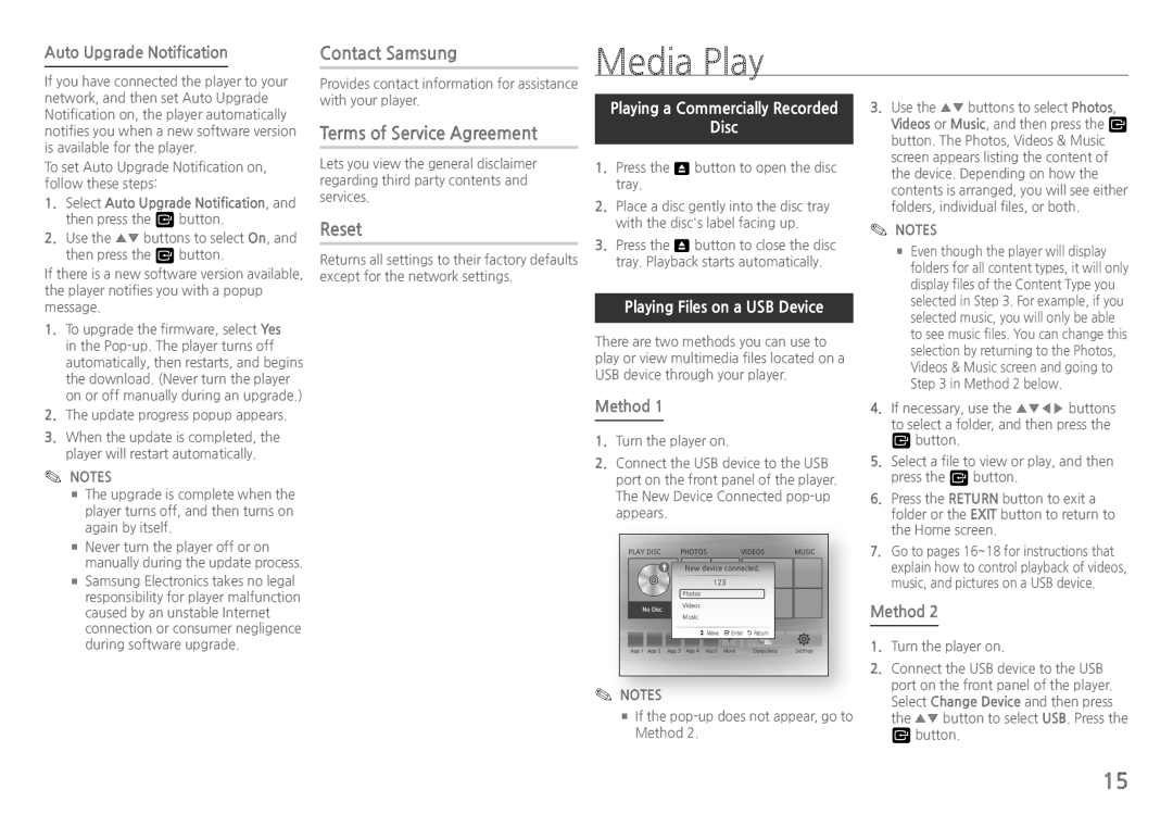 Samsung BD-J5500/EN, BD-J5500E/EN manual Media Play, Contact Samsung, Terms of Service Agreement, Reset 