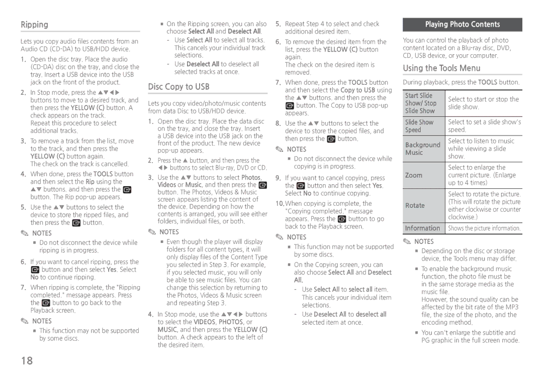 Samsung BD-J5500E/EN, BD-J5500/EN manual Ripping, Disc Copy to USB, Using the Tools Menu, Playing Photo Contents 