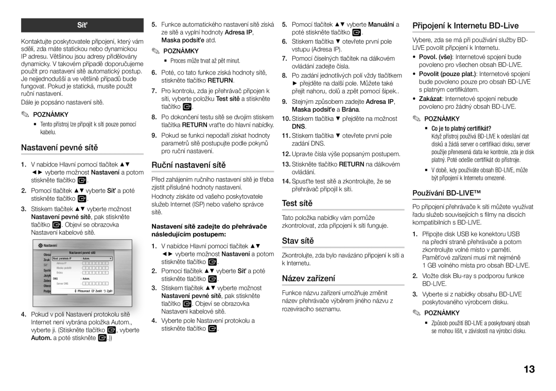 Samsung BD-J5500/EN, BD-J5500E/EN manual Nastavení pevné sítě, Ruční nastavení sítě, Test sítě, Stav sítě, Název zařízení 