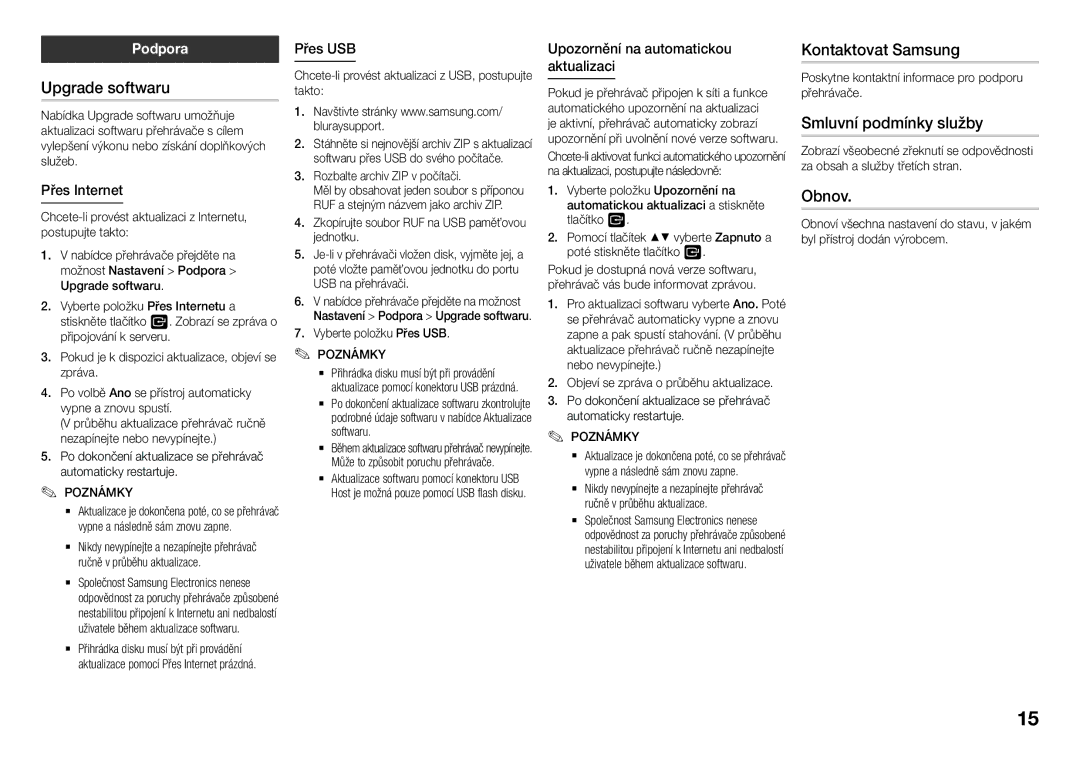 Samsung BD-J5500/EN, BD-J5500E/EN manual Upgrade softwaru, Kontaktovat Samsung, Smluvní podmínky služby, Obnov, Podpora 