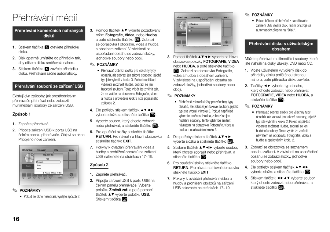 Samsung BD-J5500E/EN, BD-J5500/EN manual Přehrávání médií, Disků, Způsob, Přehrávání disku s uživatelským Obsahem 