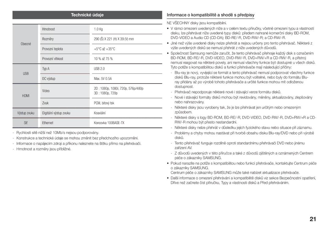 Samsung BD-J5500/EN, BD-J5500E/EN manual Technické údaje, Informace o kompatibilitě a shodě s předpisy 