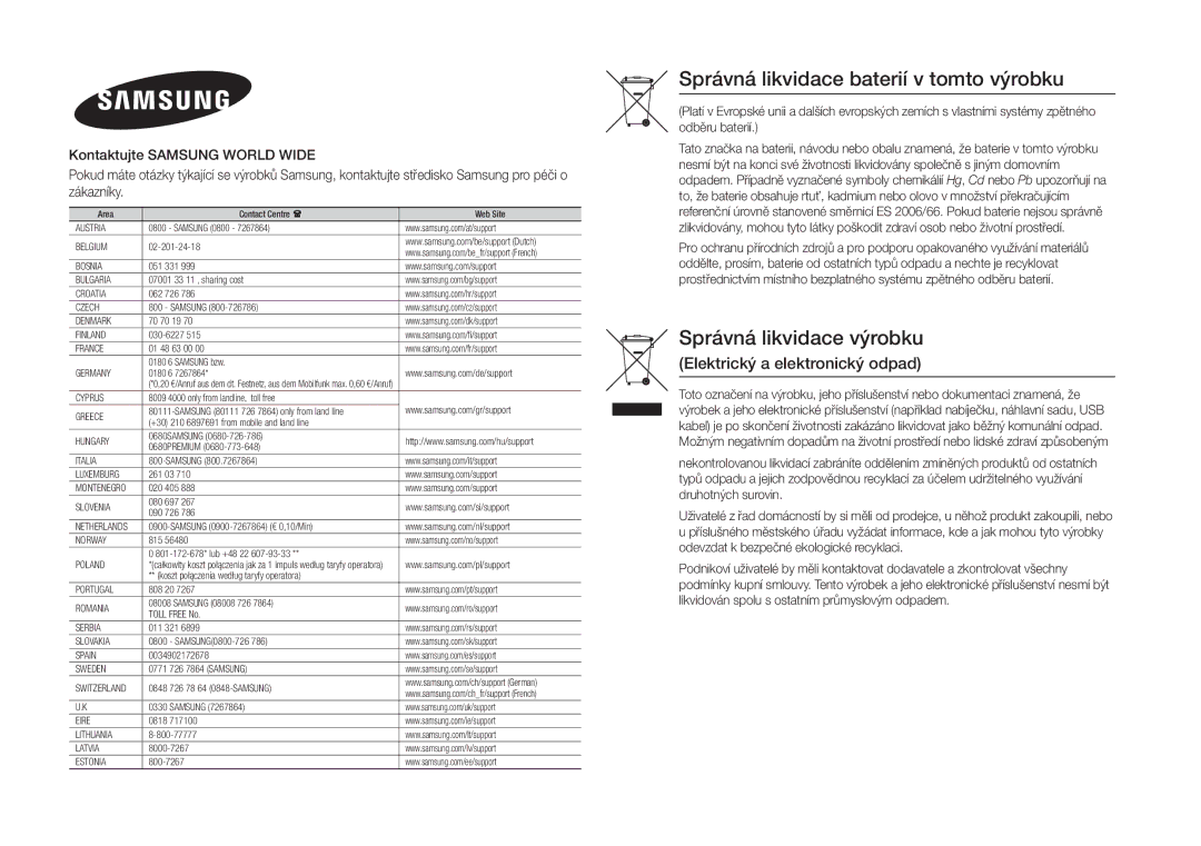 Samsung BD-J5500E/EN, BD-J5500/EN manual Správná likvidace baterií v tomto výrobku 