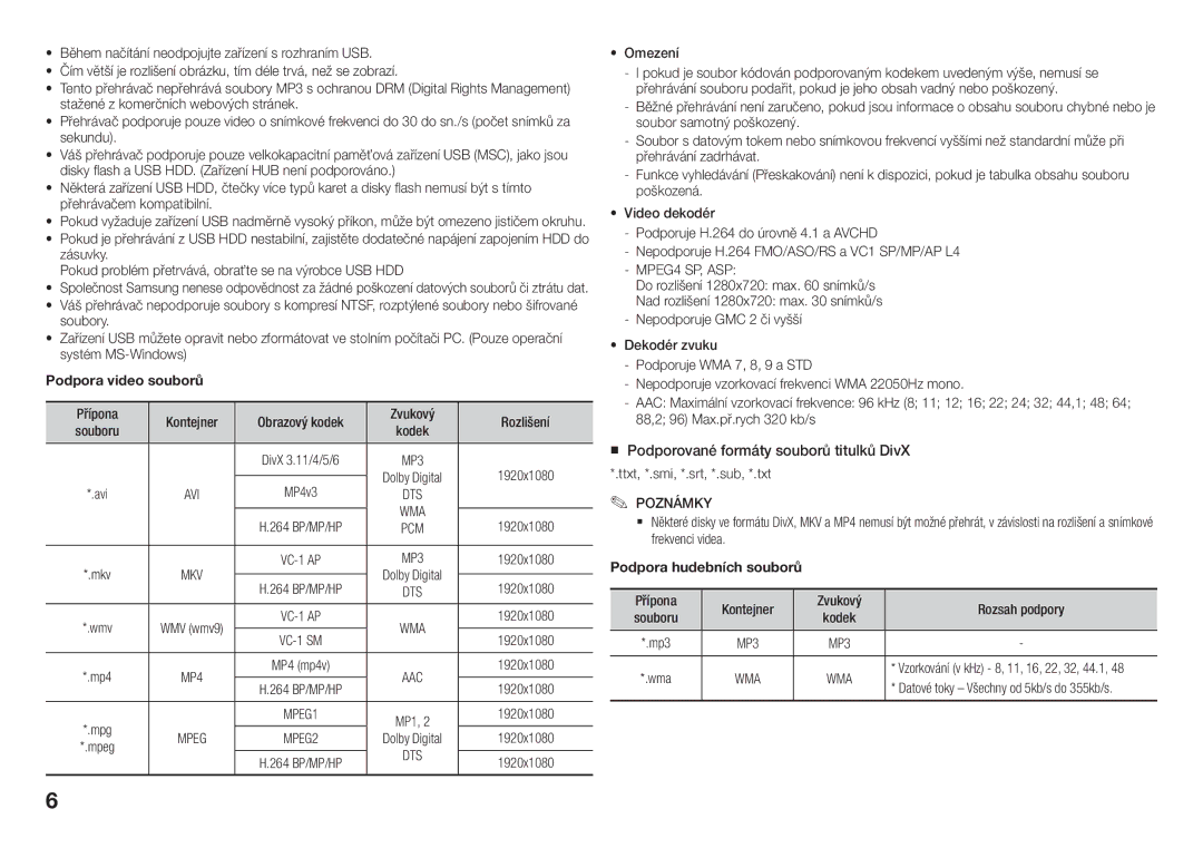 Samsung BD-J5500E/EN, BD-J5500/EN manual Podpora video souborů, Omezení, Podpora hudebních souborů 