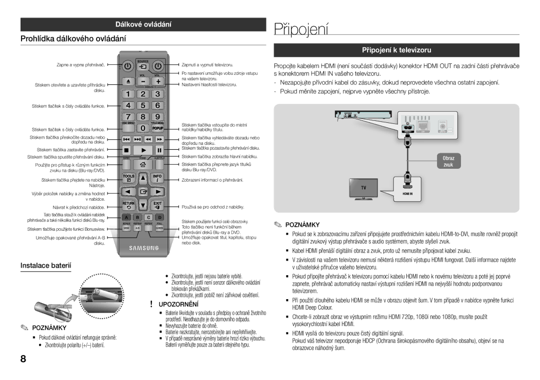 Samsung BD-J5500E/EN manual Prohlídka dálkového ovládání, Dálkové ovládání, Připojení k televizoru, Instalace baterií 