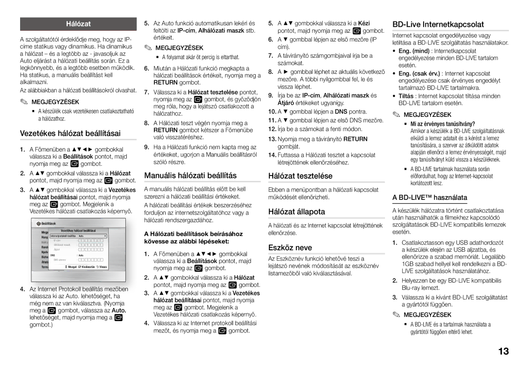 Samsung BD-J5500/EN manual Vezetékes hálózat beállításai, Manuális hálózati beállítás, Hálózat tesztelése, Hálózat állapota 