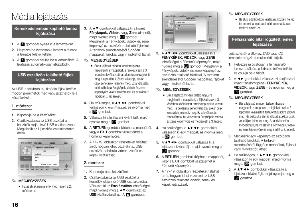 Samsung BD-J5500E/EN, BD-J5500/EN manual Média lejátszás, USB eszközön található fájlok Lejátszása, Módszer 