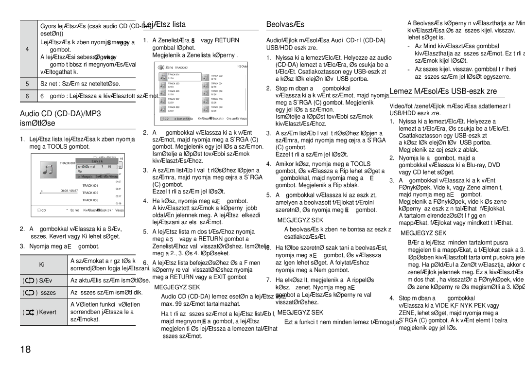 Samsung BD-J5500E/EN, BD-J5500/EN manual Lejátszólista Beolvasás, Audio CD CD-DA/MP3, Ismétlése, Lemez Másolás USB-eszközre 