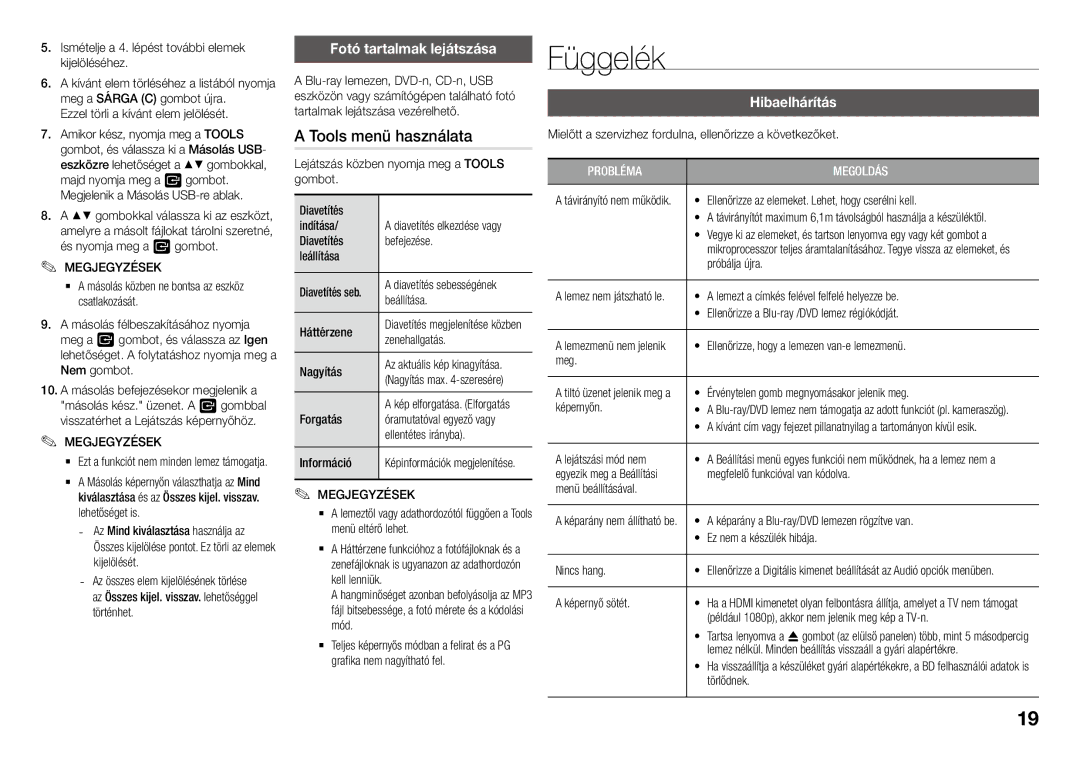 Samsung BD-J5500/EN, BD-J5500E/EN manual Függelék, Tools menü használata, Fotó tartalmak lejátszása, Hibaelhárítás 