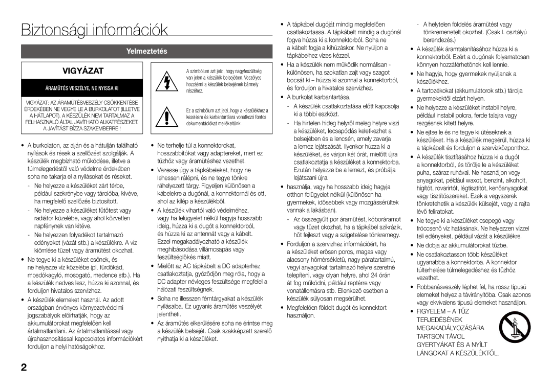 Samsung BD-J5500E/EN, BD-J5500/EN manual Biztonsági információk, Yelmeztetés 