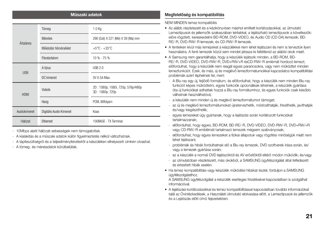 Samsung BD-J5500/EN, BD-J5500E/EN manual Műszaki adatok, Megfelelőség és kompatibilitás 