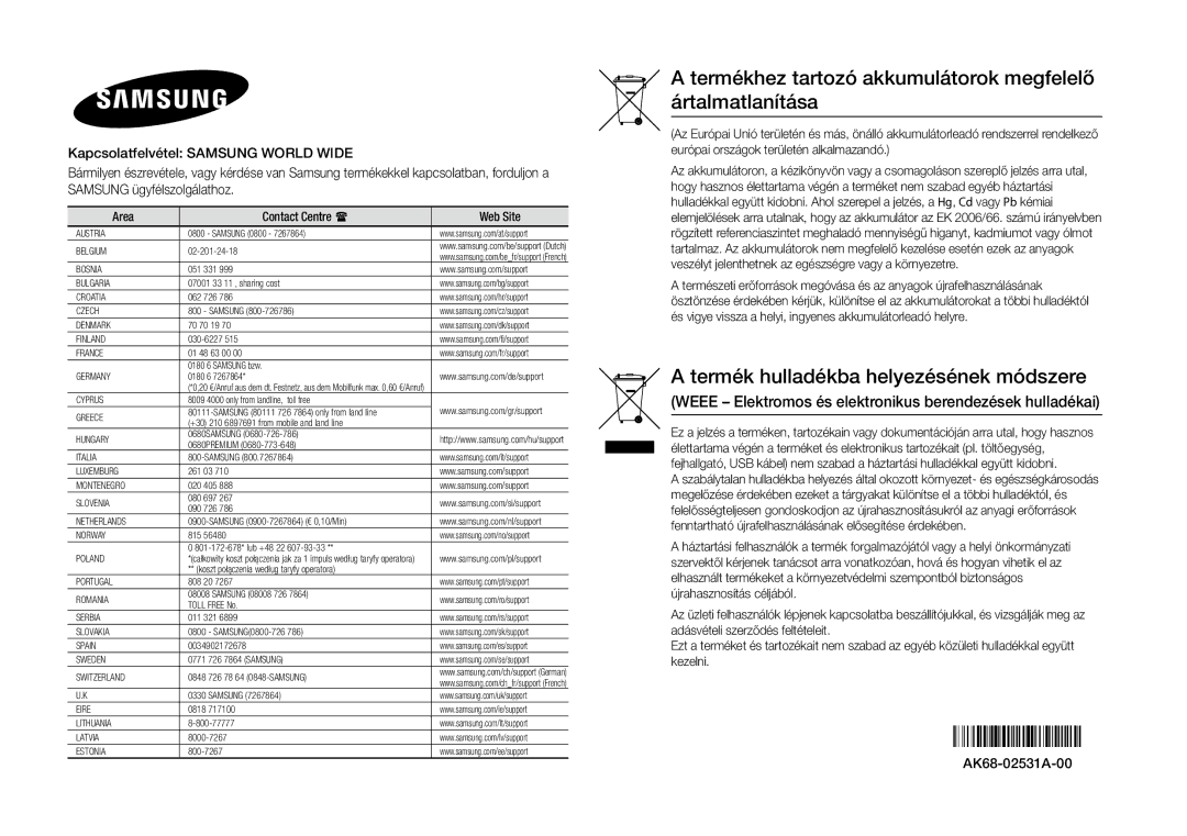 Samsung BD-J5500E/EN, BD-J5500/EN manual Termékhez tartozó akkumulátorok megfelelő ártalmatlanítása 