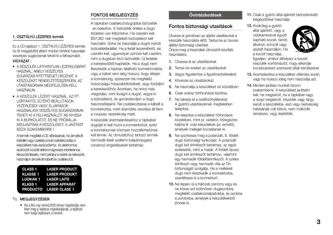 Samsung BD-J5500/EN manual Fontos biztonsági utasítások, Óvintézkedések, Osztályú Lézeres termék, Vigyázat, Megjegyzések 