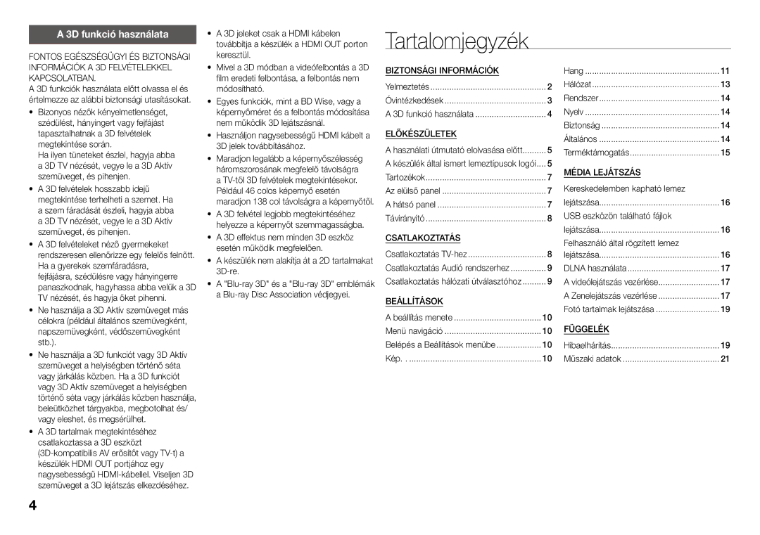 Samsung BD-J5500E/EN, BD-J5500/EN manual Tartalomjegyzék, 3D funkció használata 