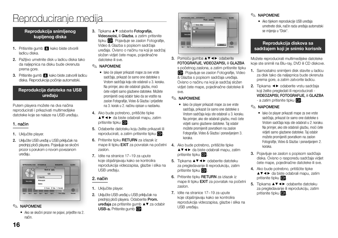 Samsung BD-J5500E/EN Reproduciranje medija, Reprodukcija snimljenog Kupljenog diska, Reprodukcija datoteka na USB Uređaju 