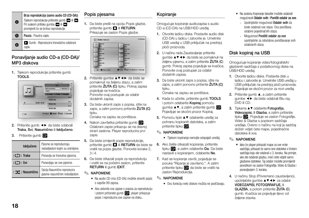 Samsung BD-J5500E/EN manual Ponavljanje audio CD-a CD-DA/ MP3 diskova, Popis pjesama, Kopiranje, Disk kopiraj na USB, Tools 