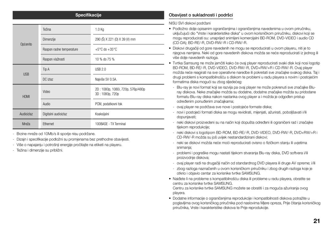 Samsung BD-J5500/EN, BD-J5500E/EN manual Specifikacije, Obavijest o sukladnosti i podršci 