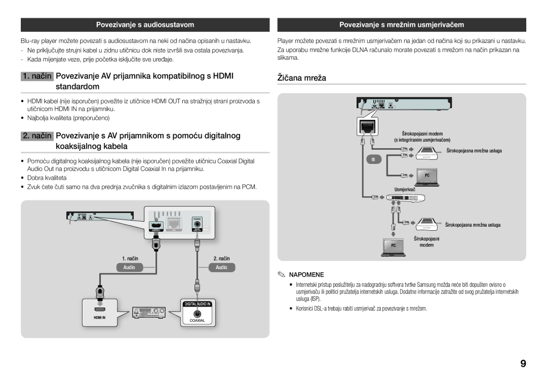 Samsung BD-J5500/EN manual Žičana mreža, Povezivanje s audiosustavom, Povezivanje s mrežnim usmjerivačem, Dobra kvaliteta 