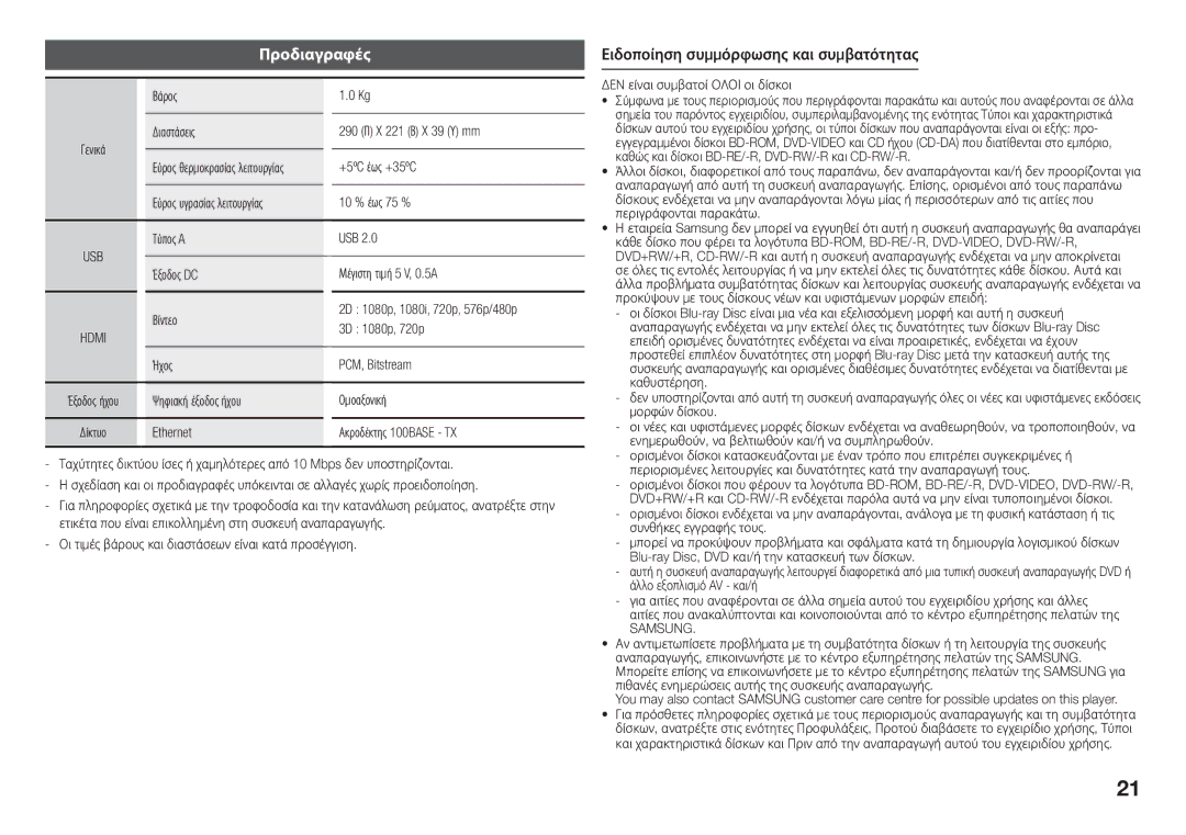 Samsung BD-J5500/EN manual Προδιαγραφές, Samsung 