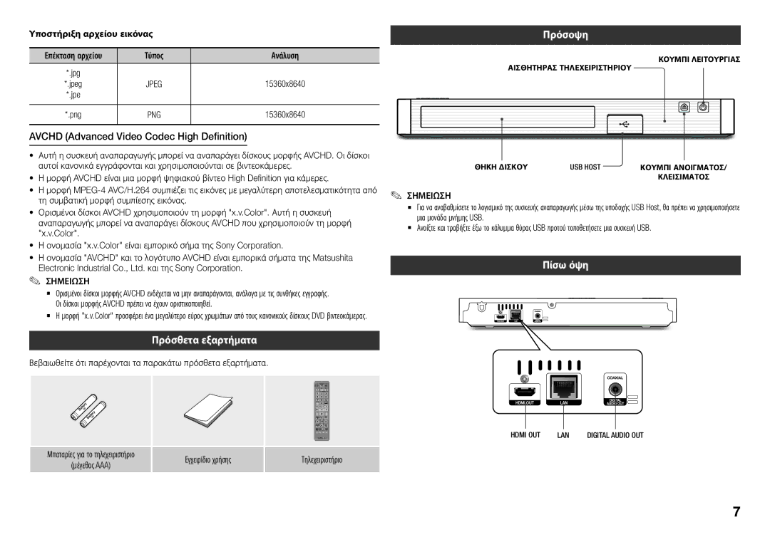 Samsung BD-J5500/EN manual Avchd Advanced Video Codec High Definition, Πρόσθετα εξαρτήματα, Πρόσοψη, Πίσω όψη 