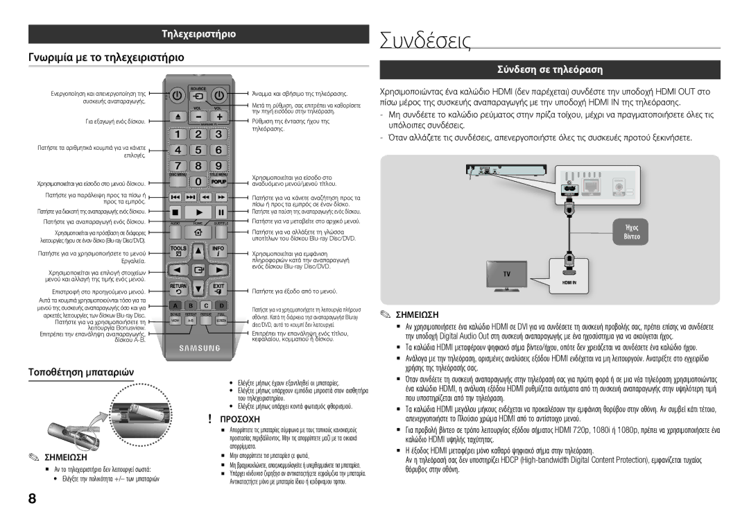 Samsung BD-J5500/EN Συνδέσεις, Γνωριμία με το τηλεχειριστήριο, Τηλεχειριστήριο, Σύνδεση σε τηλεόραση, Τοποθέτηση μπαταριών 