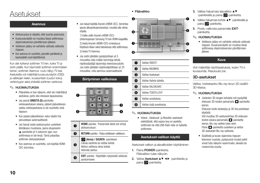 Samsung BD-J5500E/XE, BD-J5500/XE manual Asetukset, 3D-asetukset, Asennus, Siirtyminen valikoissa, Kuva 