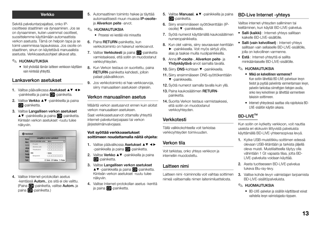 Samsung BD-J5500/XE manual Lankaverkon asetukset, Verkon manuaalinen asetus, Verkkotesti, Verkon tila, Laitteen nimi 