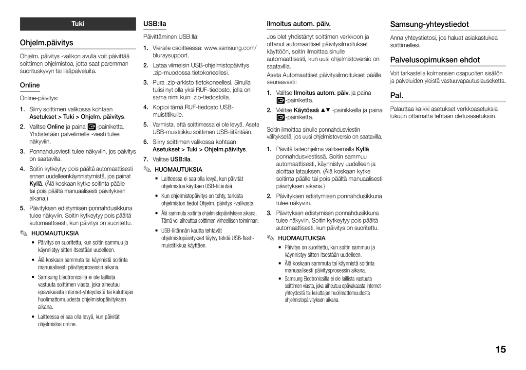 Samsung BD-J5500/XE, BD-J5500E/XE manual Ohjelm.päivitys, Samsung-yhteystiedot, Palvelusopimuksen ehdot, Tuki 