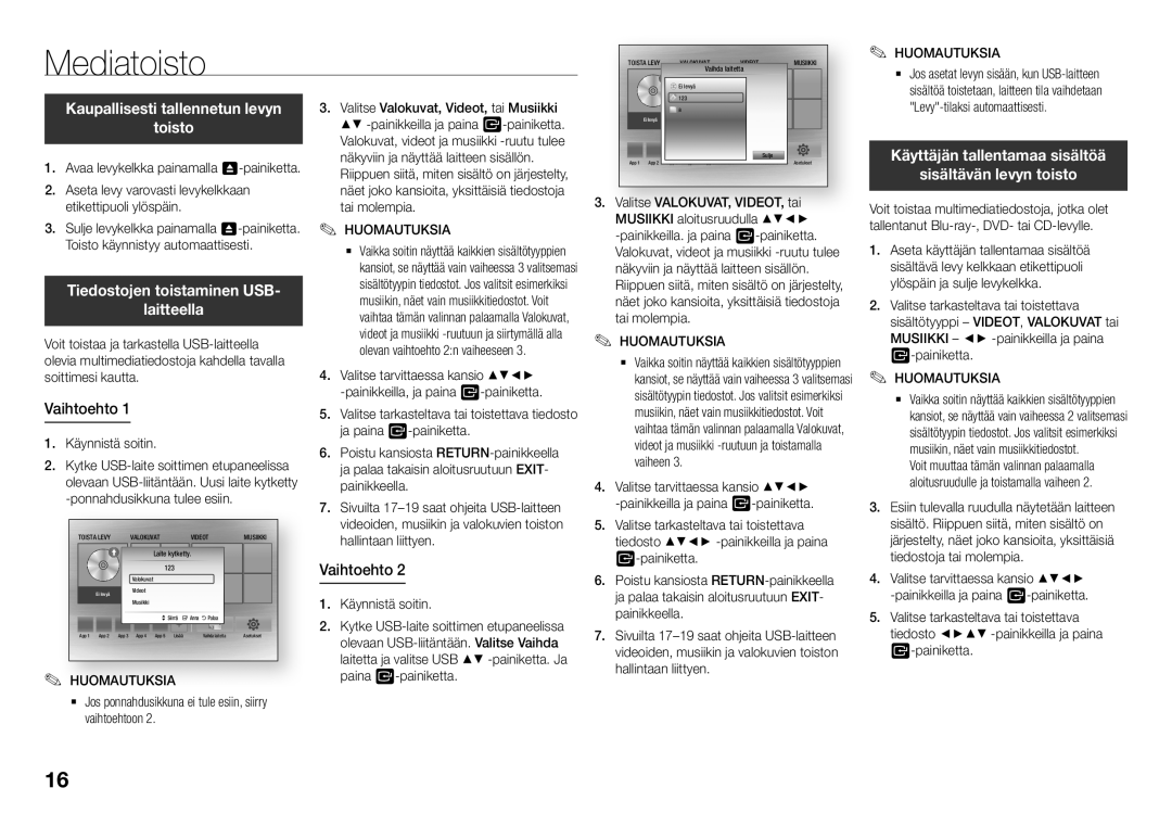 Samsung BD-J5500E/XE manual Mediatoisto, Kaupallisesti tallennetun levyn Toisto, Tiedostojen toistaminen USB Laitteella 