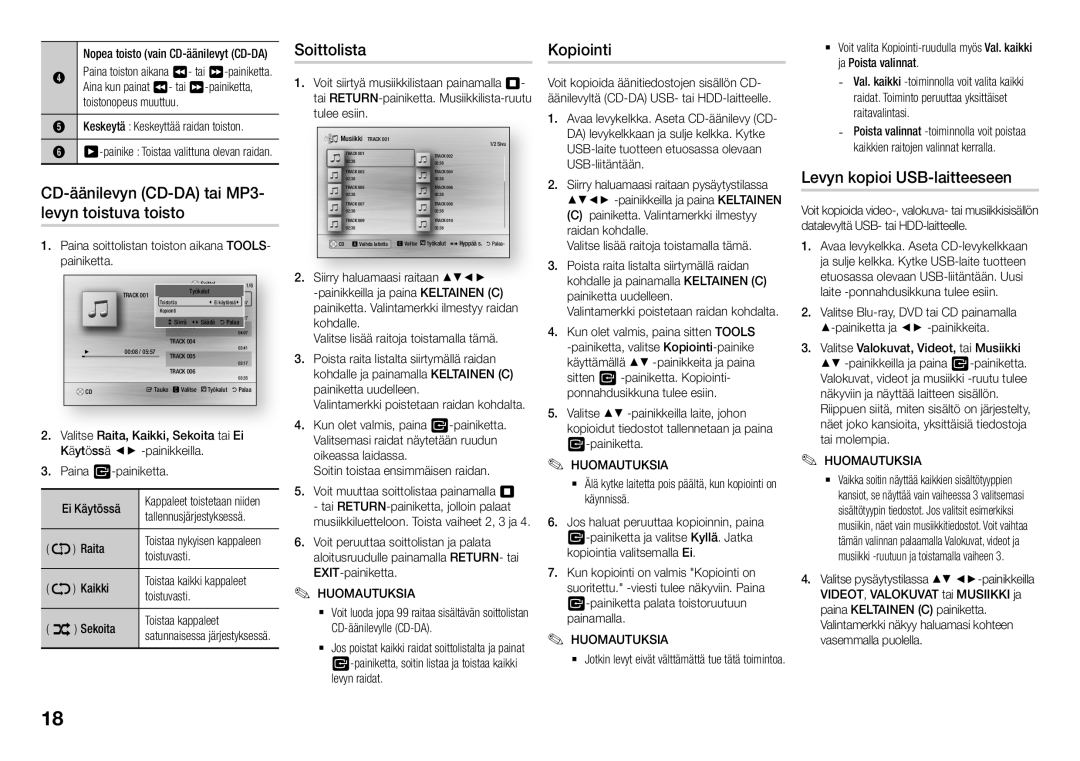 Samsung BD-J5500E/XE, BD-J5500/XE CD-äänilevyn CD-DA tai MP3- levyn toistuva toisto, Soittolista, Kopiointi, Keltainen C 