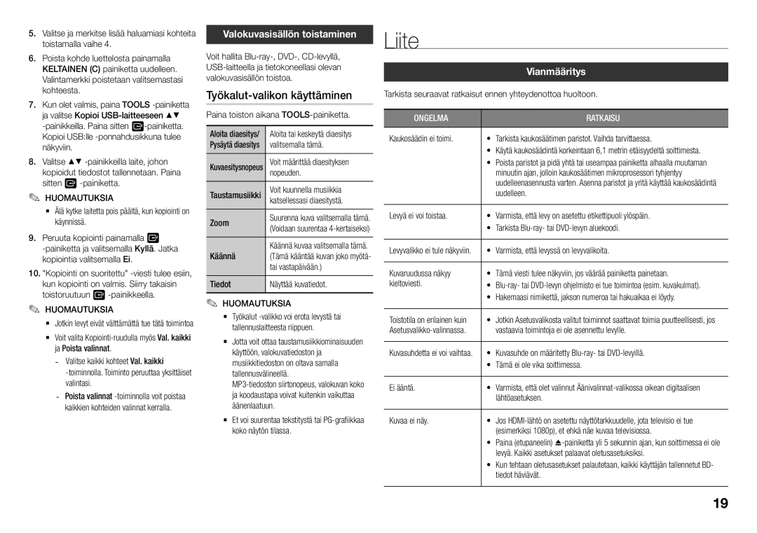 Samsung BD-J5500/XE, BD-J5500E/XE manual Liite, Työkalut-valikon käyttäminen, Valokuvasisällön toistaminen, Vianmääritys 