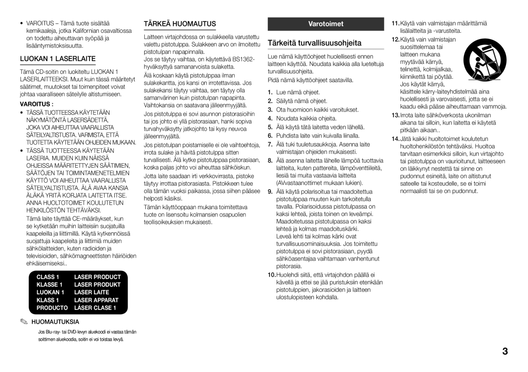 Samsung BD-J5500/XE, BD-J5500E/XE manual Tärkeitä turvallisuusohjeita, Varotoimet, Huomautuksia 