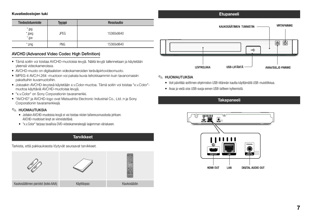 Samsung BD-J5500/XE, BD-J5500E/XE manual Avchd Advanced Video Codec High Definition, Tarvikkeet, Etupaneeli, Takapaneeli 