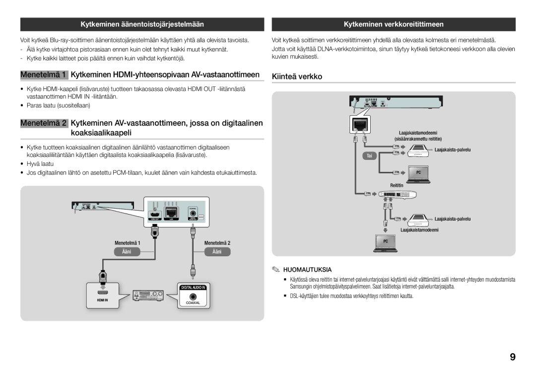 Samsung BD-J5500/XE manual Kiinteä verkko, Kytkeminen äänentoistojärjestelmään, Kytkeminen verkkoreitittimeen, Hyvä laatu 