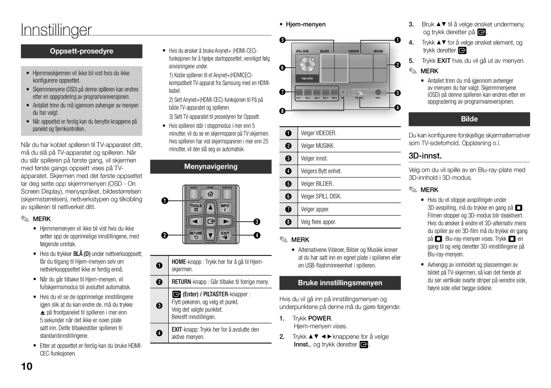 Samsung BD-J5500E/XE, BD-J5500/XE manual Innstillinger, 3D-innst 