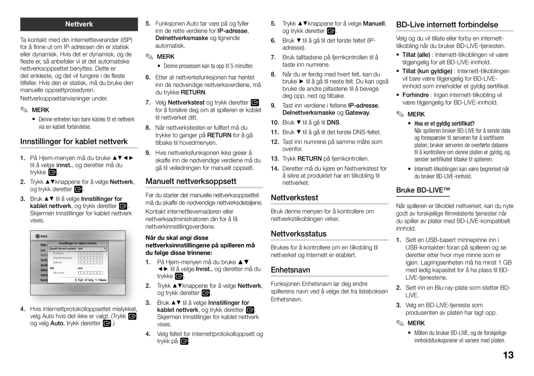 Samsung BD-J5500/XE manual Innstillinger for kablet nettverk, Manuelt nettverksoppsett, Nettverkstest, Nettverksstatus 