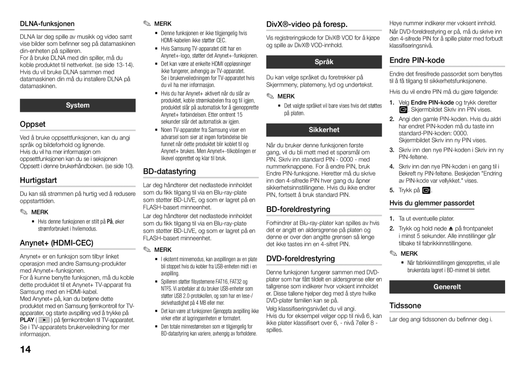 Samsung BD-J5500E/XE manual Oppset, Hurtigstart, Anynet+ HDMI-CEC, BD-datastyring, DivX-video på foresp, BD-foreldrestyring 