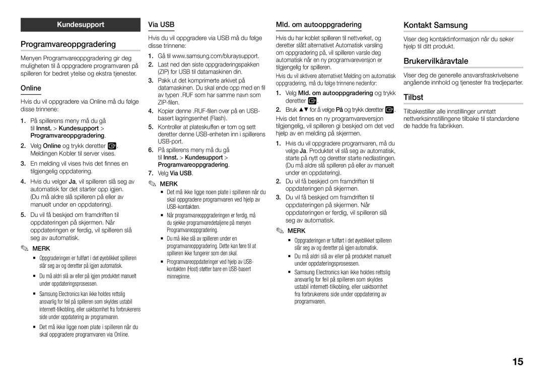 Samsung BD-J5500/XE, BD-J5500E/XE manual Programvareoppgradering, Kontakt Samsung, Brukervilkåravtale, Tilbst, Kundesupport 