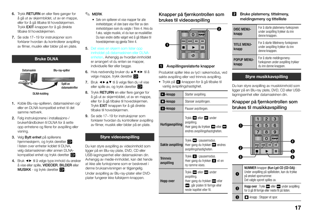 Samsung BD-J5500/XE manual Knapper på fjernkontrollen som brukes til videoavspilling, Bruke Dlna, Styre videoavspilling 