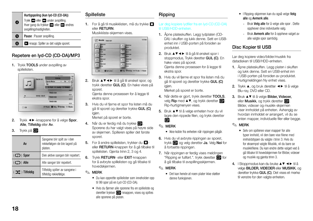 Samsung BD-J5500E/XE, BD-J5500/XE manual Repetere en lyd-CD CD-DA/MP3, Spilleliste, Ripping, Disc Kopier til USB 